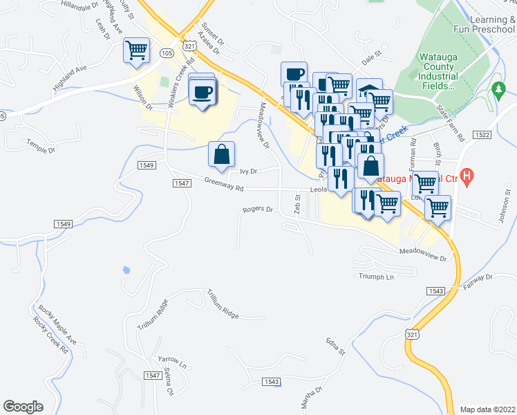 map of restaurants, bars, coffee shops, grocery stores, and more near 191 Rogers Drive in Boone