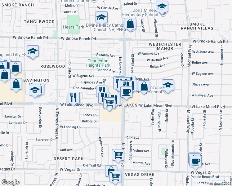 map of restaurants, bars, coffee shops, grocery stores, and more near 6110 W Lake Mead Blvd in Las Vegas