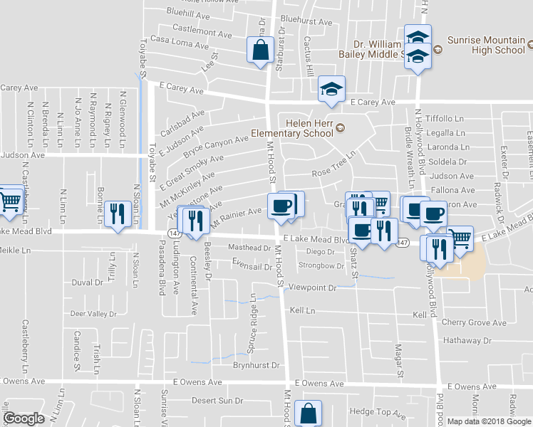 map of restaurants, bars, coffee shops, grocery stores, and more near 6273 Mount Rainier Avenue in Las Vegas