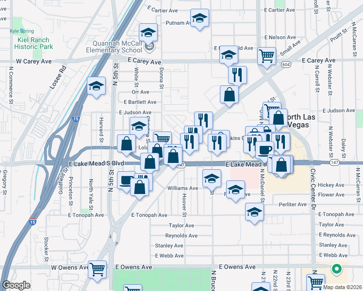 map of restaurants, bars, coffee shops, grocery stores, and more near 2043 Las Vegas Boulevard North in North Las Vegas