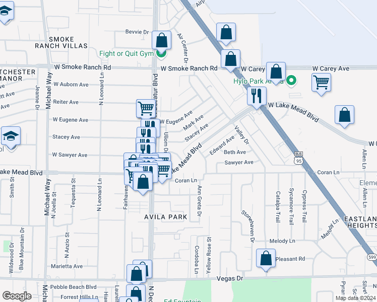 map of restaurants, bars, coffee shops, grocery stores, and more near 4600 Sawyer Avenue in Las Vegas