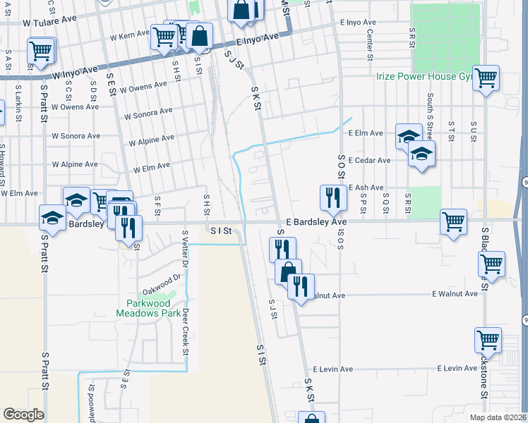 map of restaurants, bars, coffee shops, grocery stores, and more near W Bardsley Ave in Tulare