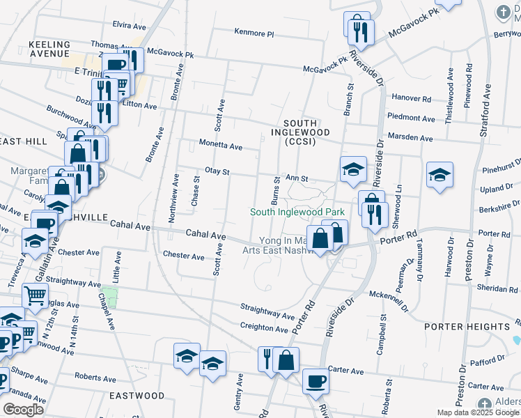 map of restaurants, bars, coffee shops, grocery stores, and more near 2114B Burns Street in Nashville