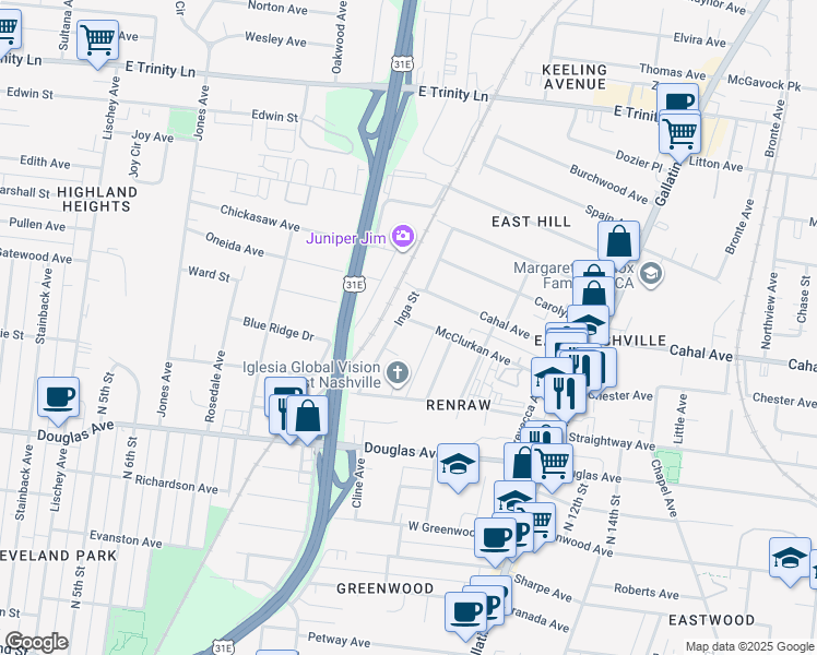 map of restaurants, bars, coffee shops, grocery stores, and more near 908 McClurkan Avenue in Nashville