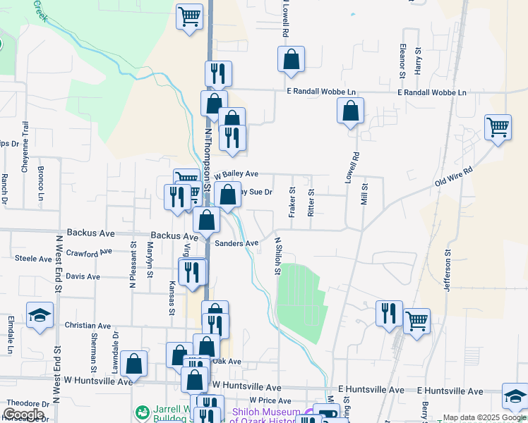 map of restaurants, bars, coffee shops, grocery stores, and more near 1304 A Q Circle in Springdale