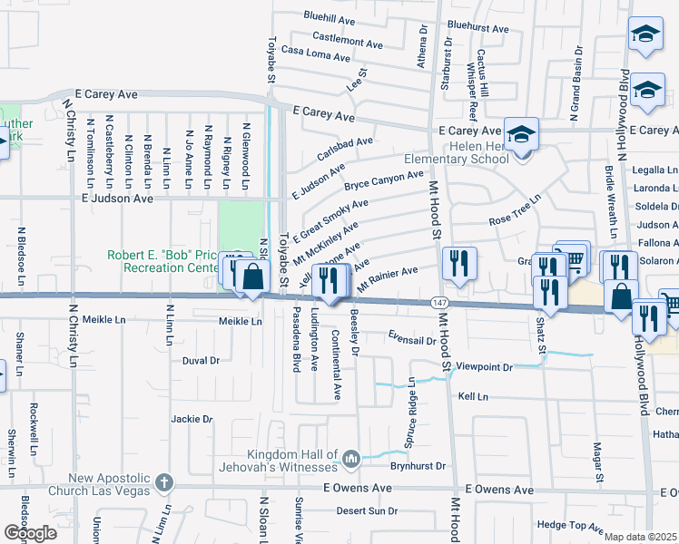 map of restaurants, bars, coffee shops, grocery stores, and more near 6104 Mount Rainier Avenue in Las Vegas