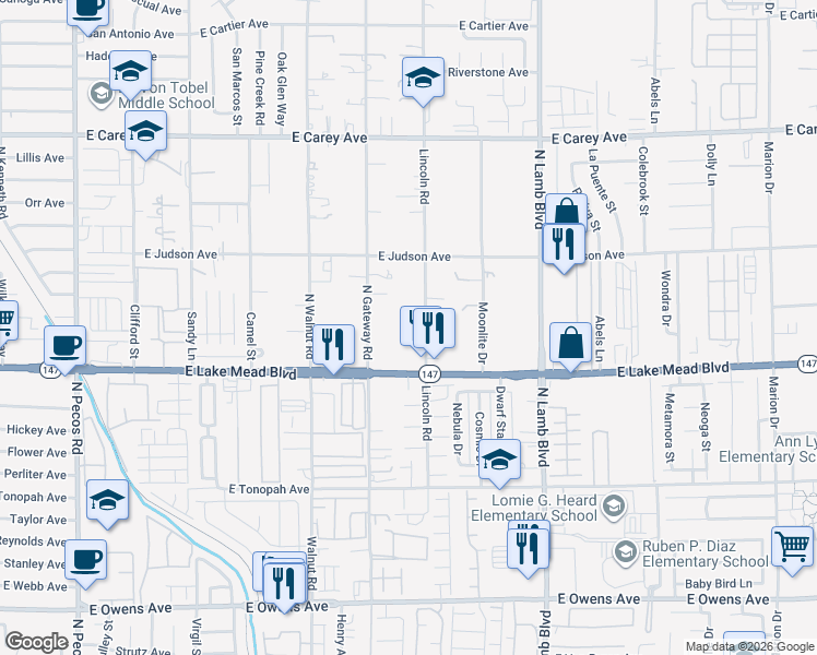 map of restaurants, bars, coffee shops, grocery stores, and more near 2020 North Gateway Road in Las Vegas