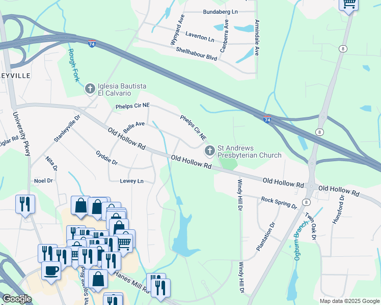 map of restaurants, bars, coffee shops, grocery stores, and more near 357 Old Hollow Road in Winston-Salem