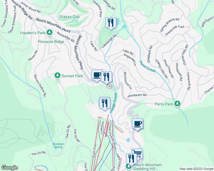 map of restaurants, bars, coffee shops, grocery stores, and more near 1003 South Beech Mountain Parkway in Beech Mountain