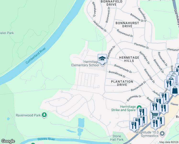 map of restaurants, bars, coffee shops, grocery stores, and more near 3800 Plantation Drive in Nashville