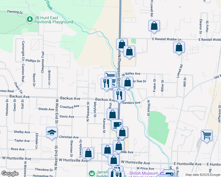 map of restaurants, bars, coffee shops, grocery stores, and more near 1349 North Kansas Street in Springdale