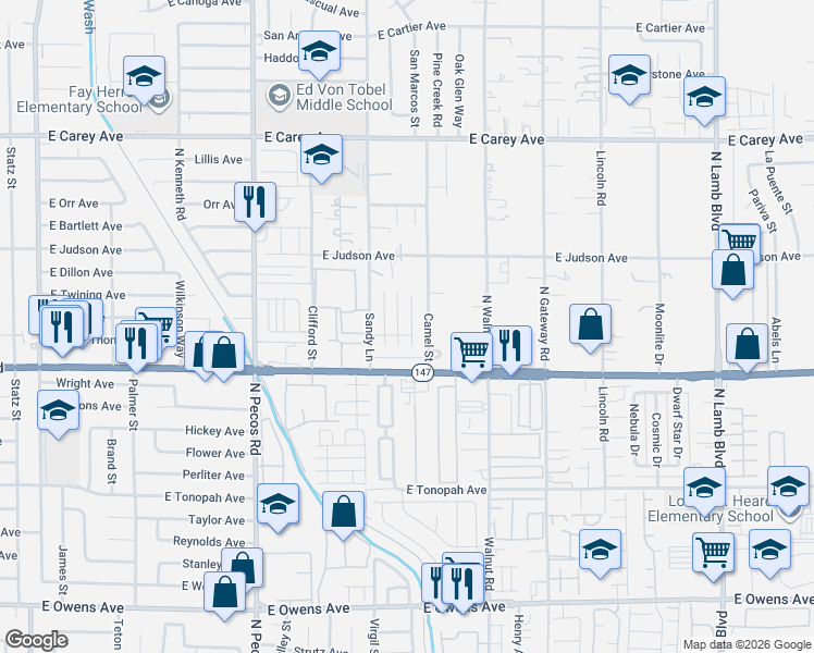 map of restaurants, bars, coffee shops, grocery stores, and more near 2042 Seattle Shore Street in Las Vegas