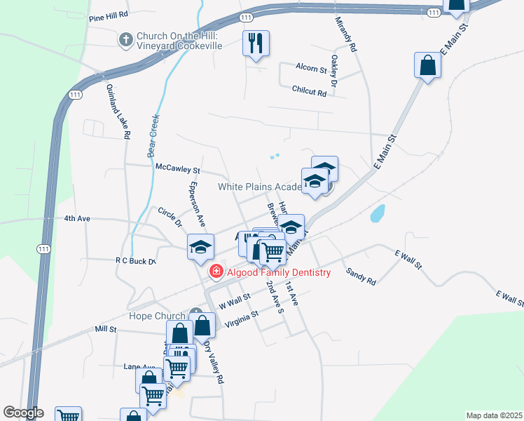 map of restaurants, bars, coffee shops, grocery stores, and more near 128 East Washington Street in Cookeville