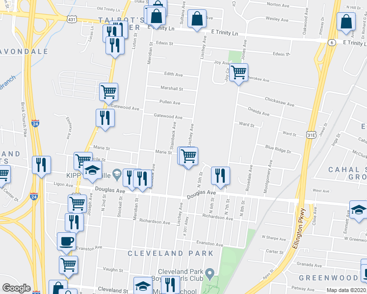 map of restaurants, bars, coffee shops, grocery stores, and more near 1338 Lischey Avenue in Nashville