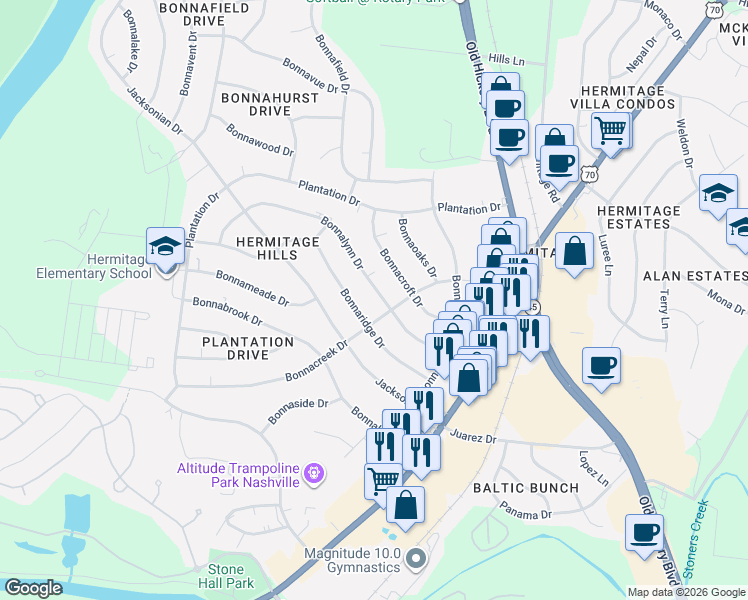 map of restaurants, bars, coffee shops, grocery stores, and more near 301 Bonnaridge Drive in Nashville
