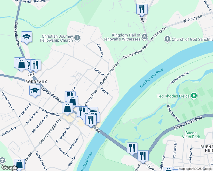 map of restaurants, bars, coffee shops, grocery stores, and more near 3007 Cliff Drive in Nashville
