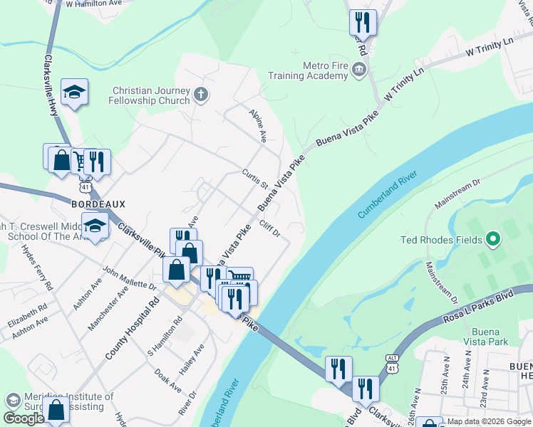 map of restaurants, bars, coffee shops, grocery stores, and more near 3007 Cliff Drive in Nashville