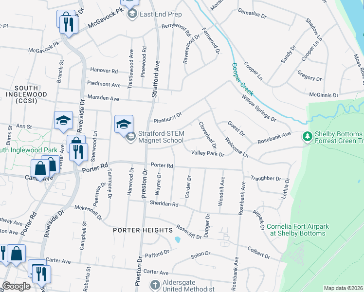 map of restaurants, bars, coffee shops, grocery stores, and more near 1906 Valley Park Drive in Nashville