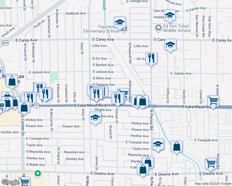 map of restaurants, bars, coffee shops, grocery stores, and more near 3315 Tabor Avenue in North Las Vegas
