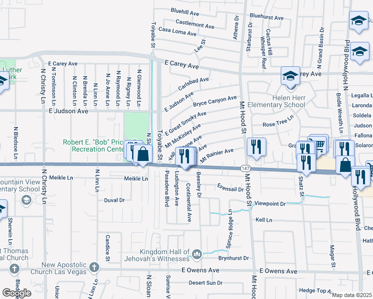 map of restaurants, bars, coffee shops, grocery stores, and more near 6039 Yellowstone Avenue in Las Vegas