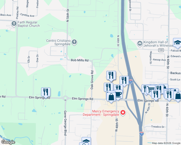 map of restaurants, bars, coffee shops, grocery stores, and more near 1310 Oak Grove Road in Springdale