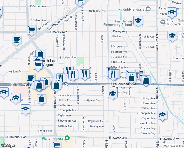 map of restaurants, bars, coffee shops, grocery stores, and more near 2036 Crawford Street in North Las Vegas