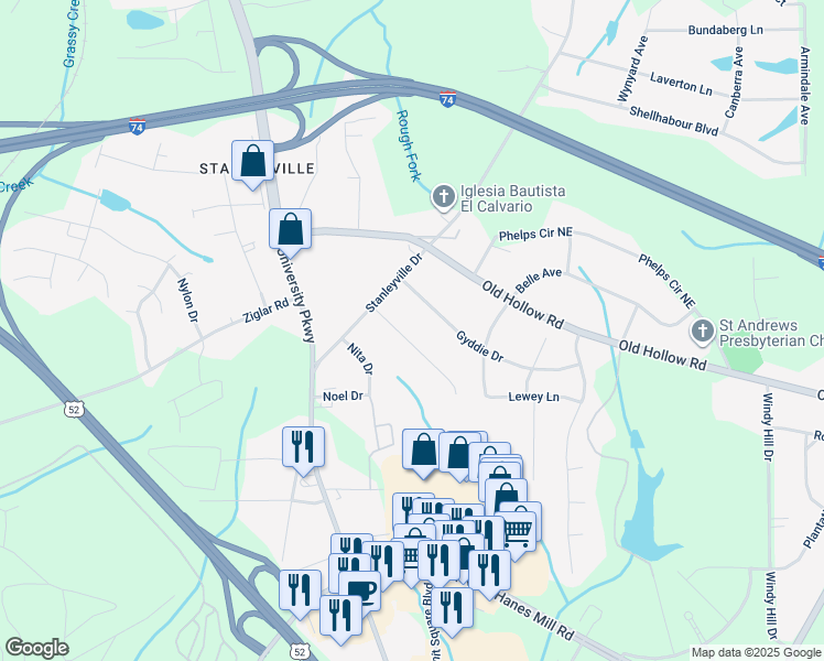 map of restaurants, bars, coffee shops, grocery stores, and more near 5547 Alma Drive in Winston-Salem