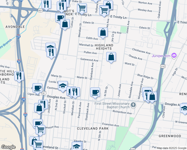 map of restaurants, bars, coffee shops, grocery stores, and more near 1422 Lischey Avenue in Nashville