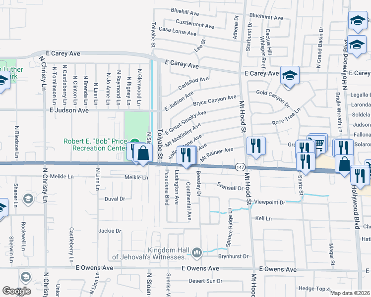 map of restaurants, bars, coffee shops, grocery stores, and more near 6039 Yellowstone Avenue in Las Vegas