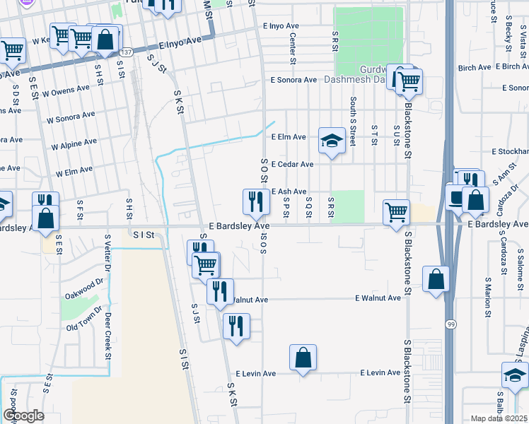 map of restaurants, bars, coffee shops, grocery stores, and more near 959 South O Street in Tulare