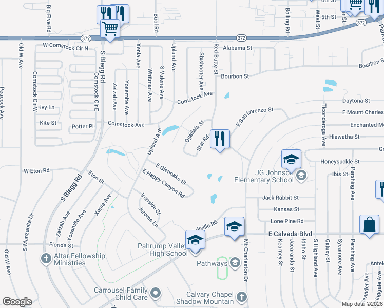 map of restaurants, bars, coffee shops, grocery stores, and more near Erin Street in Pahrump