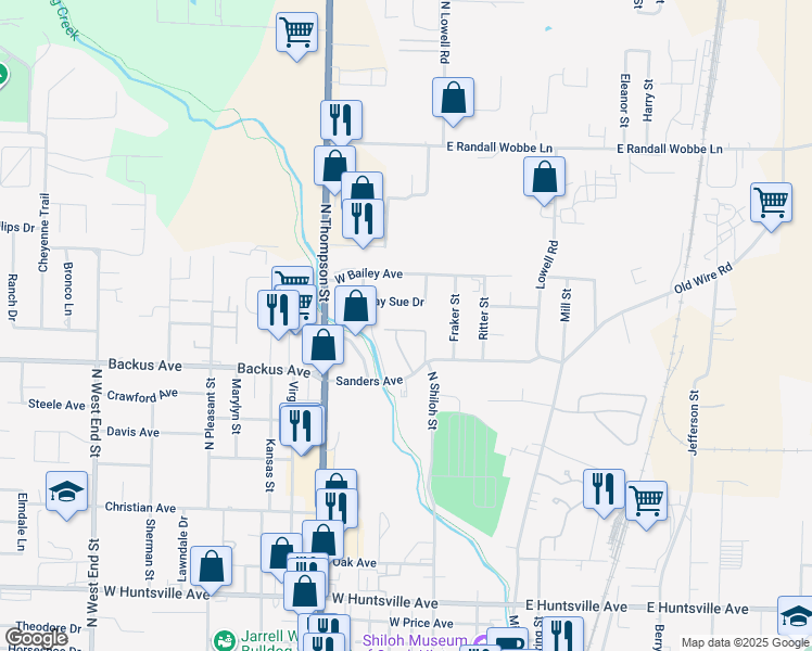 map of restaurants, bars, coffee shops, grocery stores, and more near 1314 A Q Circle in Springdale