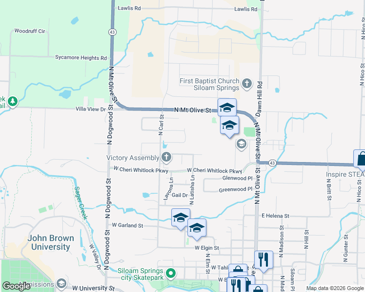 map of restaurants, bars, coffee shops, grocery stores, and more near 703 Maci Court in Siloam Springs