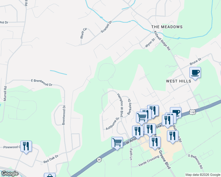 map of restaurants, bars, coffee shops, grocery stores, and more near 688 Hampton Lane in Morristown