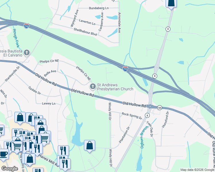 map of restaurants, bars, coffee shops, grocery stores, and more near 516 Holly Ridge Drive in Winston-Salem