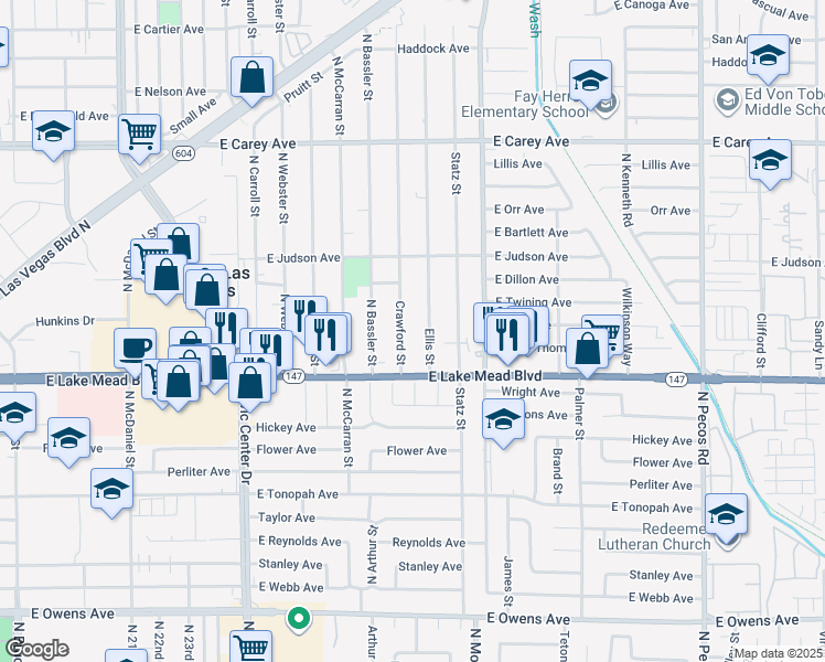map of restaurants, bars, coffee shops, grocery stores, and more near 2112 North Crawford Street in North Las Vegas