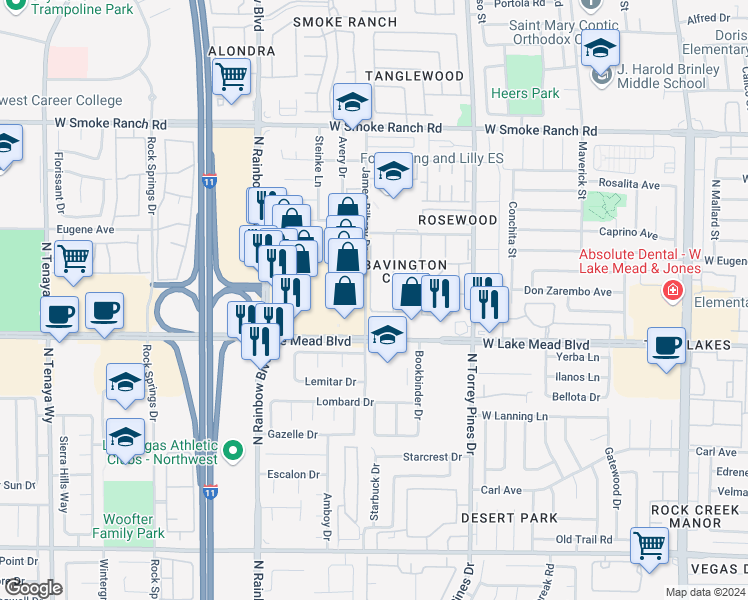 map of restaurants, bars, coffee shops, grocery stores, and more near 12c Bavington Drive in Las Vegas