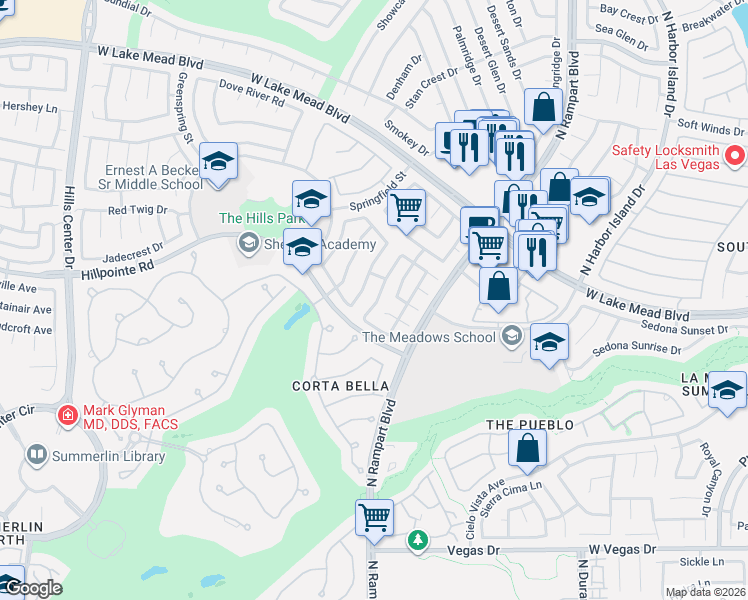 map of restaurants, bars, coffee shops, grocery stores, and more near 2001 Summit Sunset Lane in Las Vegas