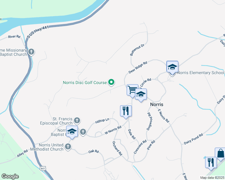 map of restaurants, bars, coffee shops, grocery stores, and more near 20 Chestnut Drive in Norris