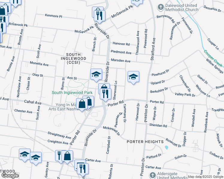 map of restaurants, bars, coffee shops, grocery stores, and more near 1801 Riverside Drive in Nashville
