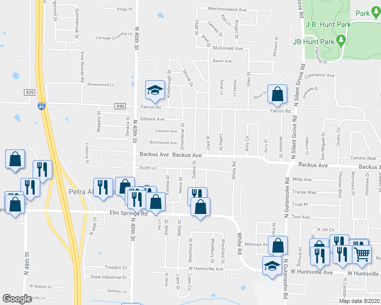 map of restaurants, bars, coffee shops, grocery stores, and more near 1300 Daline Street in Springdale