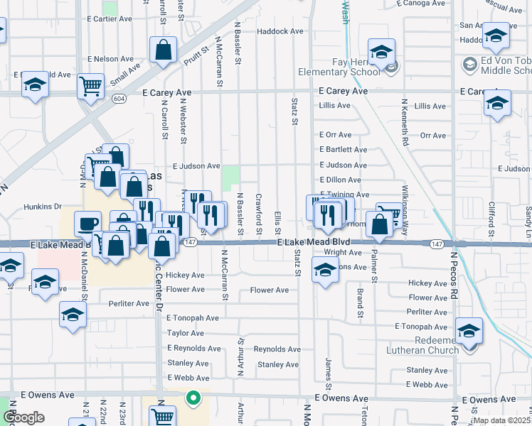 map of restaurants, bars, coffee shops, grocery stores, and more near 2112 North Crawford Street in North Las Vegas