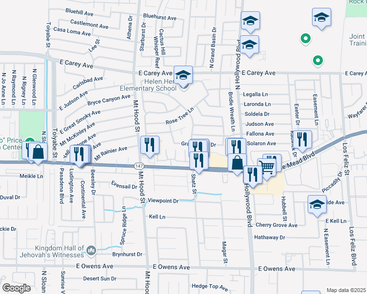 map of restaurants, bars, coffee shops, grocery stores, and more near 6493 Grand Oaks Drive in Las Vegas