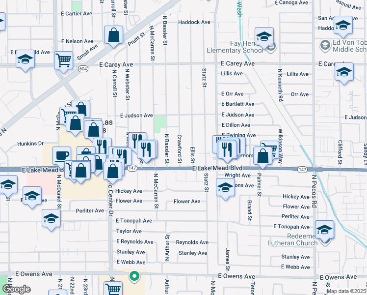 map of restaurants, bars, coffee shops, grocery stores, and more near 2036 Crawford Street in North Las Vegas