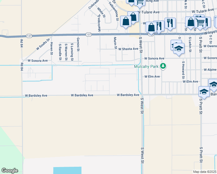 map of restaurants, bars, coffee shops, grocery stores, and more near in Tulare