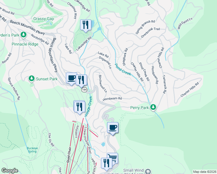 map of restaurants, bars, coffee shops, grocery stores, and more near 126 Birchwood Lane in Beech Mountain