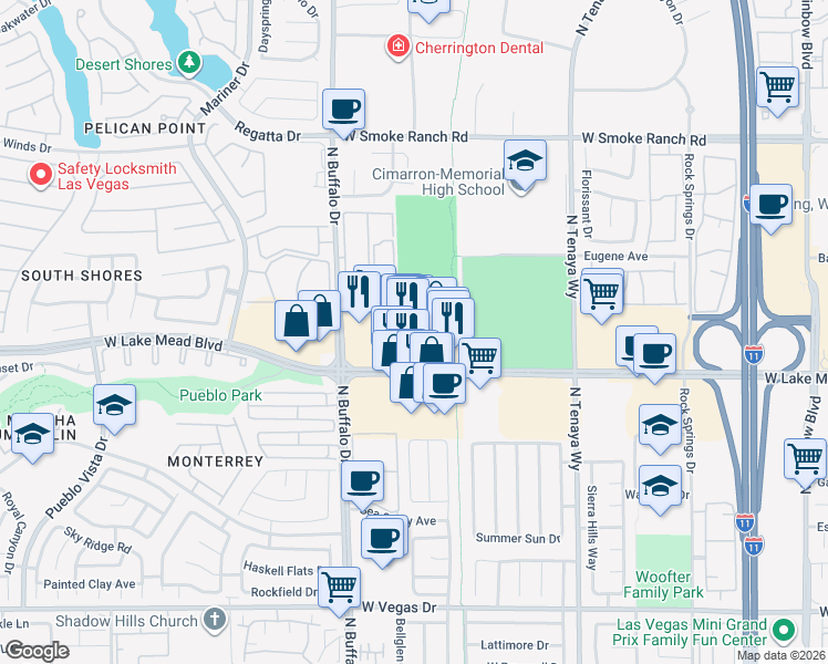map of restaurants, bars, coffee shops, grocery stores, and more near 7512 Caliche Way in Las Vegas