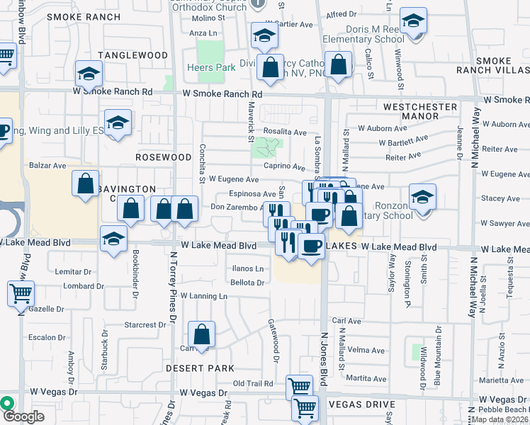 map of restaurants, bars, coffee shops, grocery stores, and more near 6215 Don Zarembo Avenue in Las Vegas