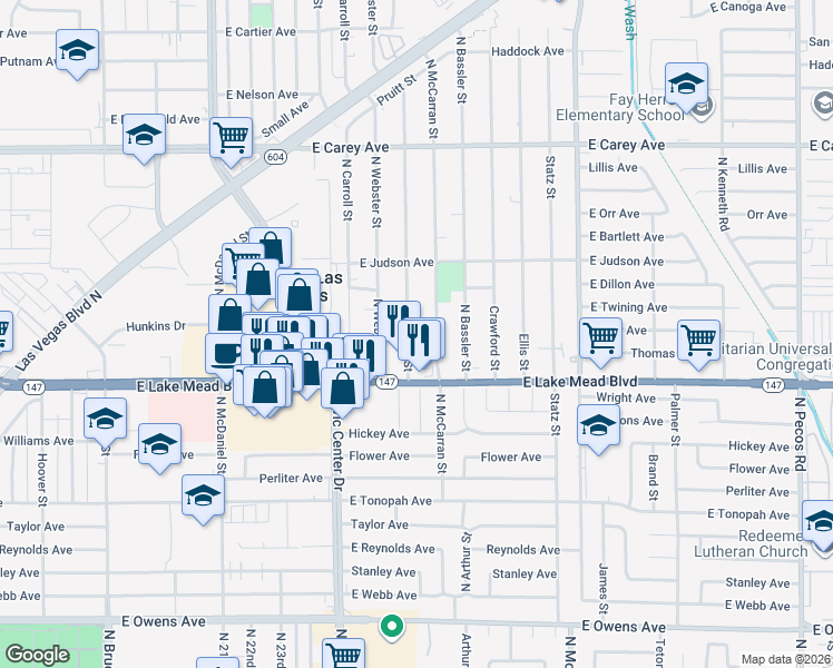 map of restaurants, bars, coffee shops, grocery stores, and more near 2122 Daley Street in North Las Vegas