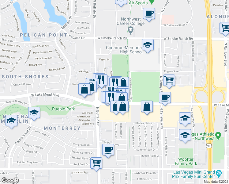 map of restaurants, bars, coffee shops, grocery stores, and more near 7500 West Lake Mead Boulevard in Las Vegas